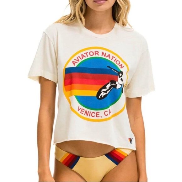 Aviator Nation Tops - Aviator Nation - SIGNATURE HAIGHT ASHBURY BOYFRIEND TEE - VINTAGE WHITE - XS